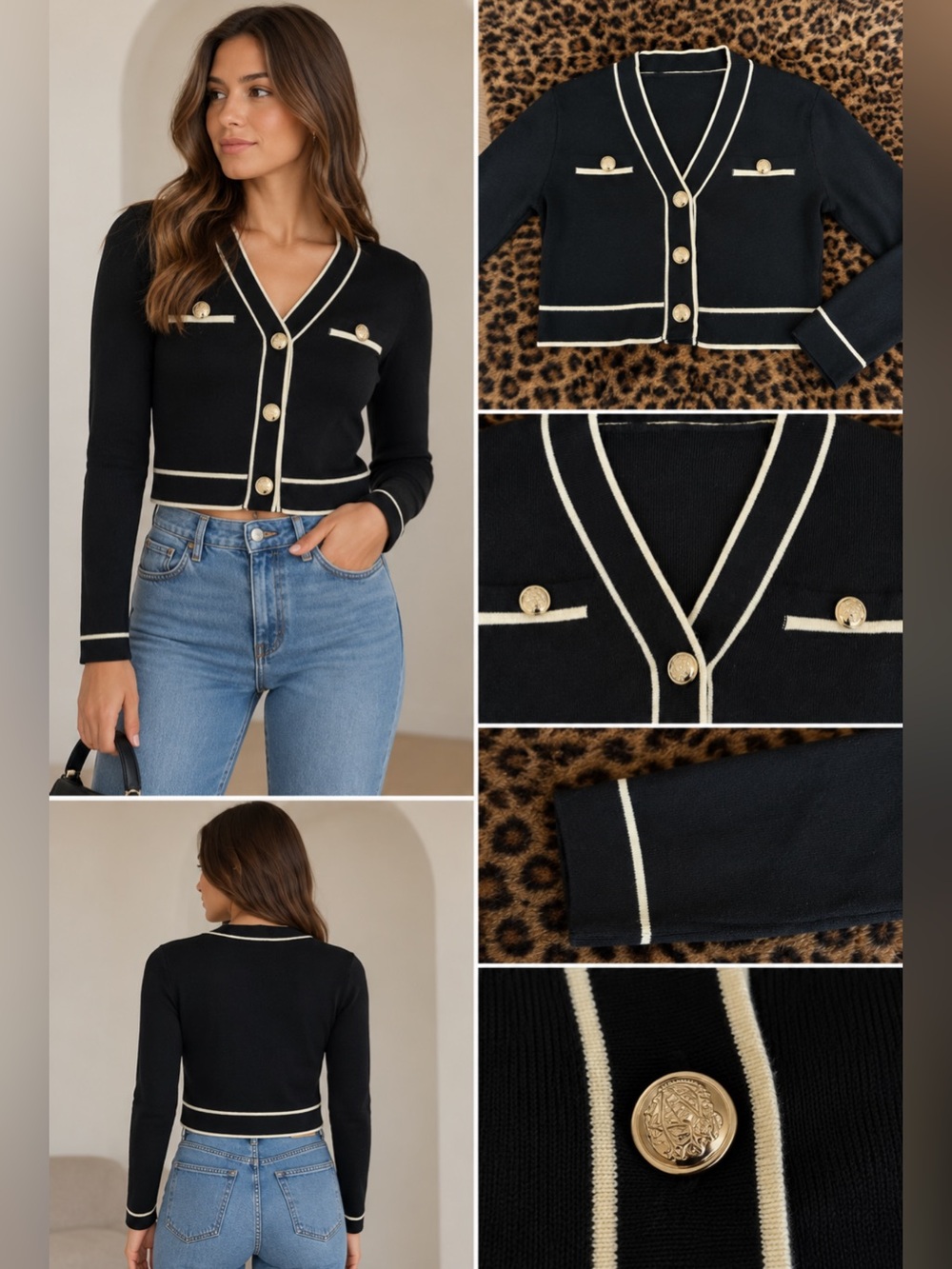Contrast Trim Button-Front Cardigan Black